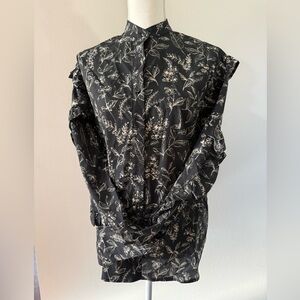 Thakoon Black Floral Print Women’s Button-Up Shirt with Ruffle Sleeve Detail